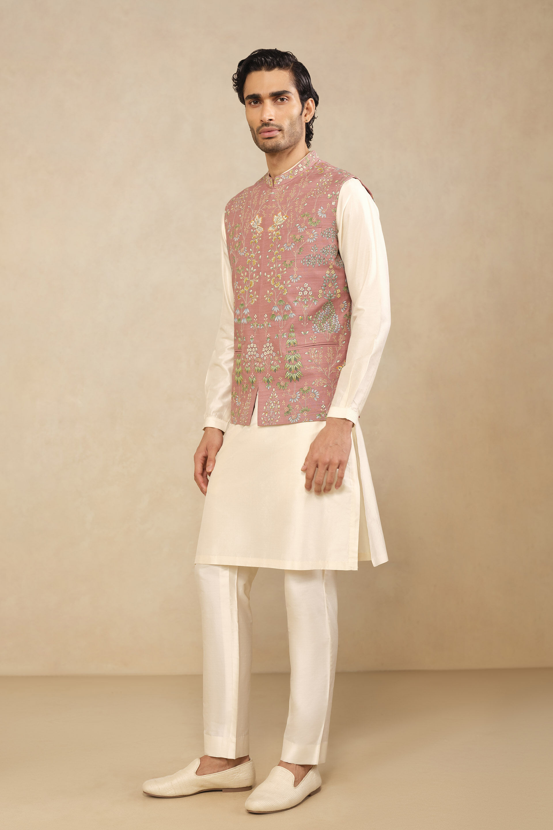 Aziz Hand-painted Pichhwai Silk Nehru Jacket -  Old Rose, Old Rose, image 3